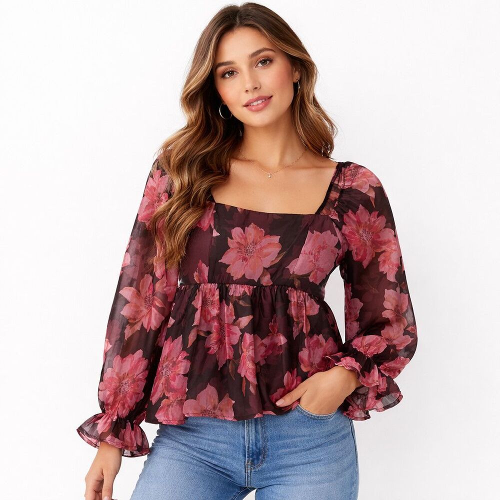 Thirty/Thirty Blouse Womens Small Black Floral Square Neck Balloon Sleeve Top